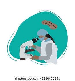 Científico analizando bacterias o virus en la ilustración de vector de laboratorio