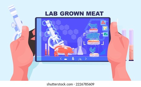 scientist analyzing cultured red raw meat on tablet pc screen artificial lab grown meat production concept