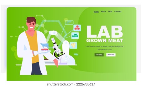 scientist analyzing cultured red raw meat made from animal cells artificial lab grown meat production concept horizontal