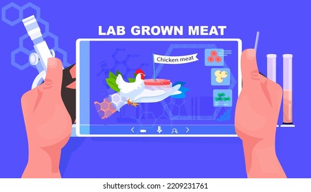 scientist analyzing dna of cultured chicken meat on tablet pc screen artificial lab grown meat production concept