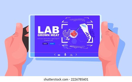 scientist analyzing dna of cultured chicken meat on tablet pc screen artificial lab grown meat production concept