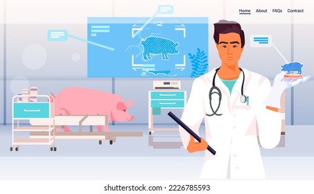 scientist analyzing dna of cultured pork meat on tablet pc screen artificial lab grown meat production concept