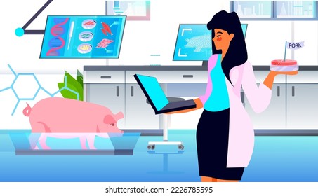 scientist analyzing dna of cultured pork meat on tablet pc screen artificial lab grown meat production concept