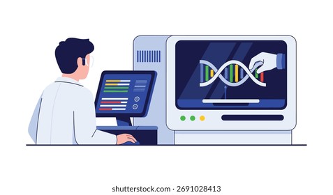 Cientista Analisando Dados de Sequência de DNA em Máquina Avançada de Sequenciamento Genético