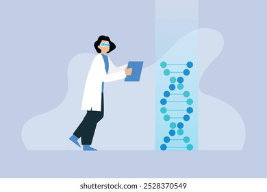 Scientist Analyzing DNA Strand in Genetic Research 2d flat vector illustration