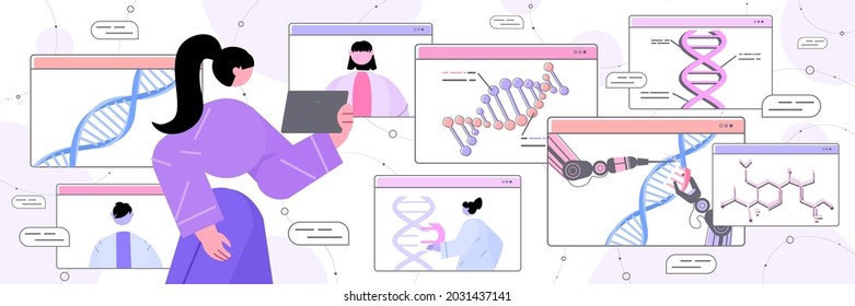 scientist analyzing DNA structure in web browser window researcher making experiment in online lab DNA testing genetic engineering
