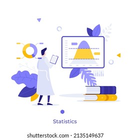 Scientist analyzing Gaussian distribution, graphs and diagrams. Concept of statistics studies, statistical data analysis and research, probability theory. Modern flat vector illustration for banner.