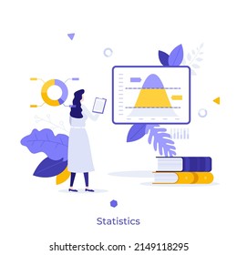 Scientist analyzing Gaussian distribution, graphs and diagrams. Concept of statistics studies, statistical data analysis and research, probability theory. Modern flat vector illustration for banner.