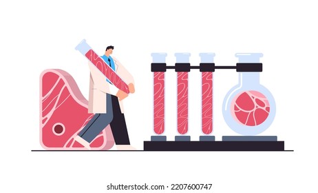 scientist analyzing test tubes with cultured red raw meat made from animal cells artificial lab grown meat production