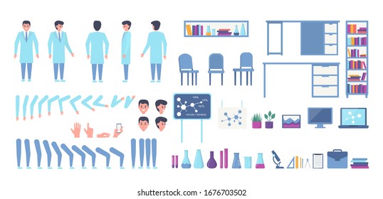 Scientist animation constructor vector illustration. Male body parts diy kit, science laboratory furniture, equipment set collection isolated. Chemical formulas, microscope, flasks, computers books.