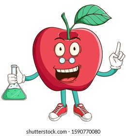 scientist of apple fruit cartoon character makes a chemical formula with funny smile face