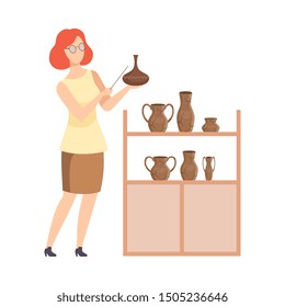 Scientist Archaeologist Examining Ancient Vessels, Tour Guide Giving Excursion at Museum Flat Vector Illustration