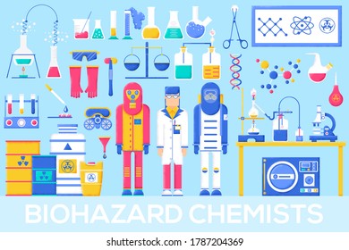 Científico con laboratorio con herramientas, equipo, pizarra. Enseñanza de química en la universidad. Laboratorio científico. Concepto de arma de riesgo biológico. Textura del grano y efecto de ruido.