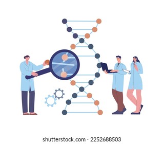 Científicos y asistentes investigan ADN. Experiencia de laboratorio genético, proceso de cambio de código nacido por personas. Escenario de vectores de trabajo de laboratorio médico