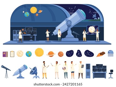 Scientist astronomer icons set cartoon vector. Telescope discovery universe. Galaxy celestial