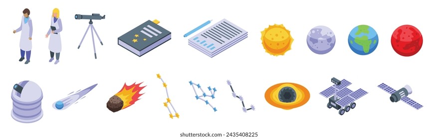 Wissenschaftler Astronomen-Symbole setzen isometrische Vektor. Sternteleskopansicht. Entdeckergalaxie