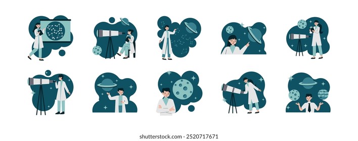 Conjunto de ilustración plana de personaje de astronomía científica. Incluyen la astronomía, la ciencia, los científicos, el espacio y la astrología. Ilustración vectorial aislada