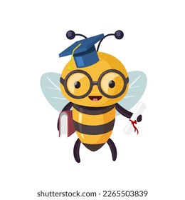 Scientist bee student graduate. Cartoon bee cute character in flat style. Vector illustration.