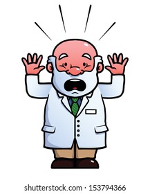 Scientist being shocked with his hands up.