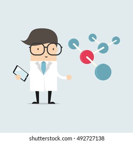 Scientist with big molecule and tablet vector