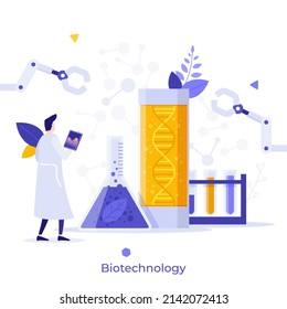 Científico o biólogo que observa la molécula de ADN en el tubo de ensayo. Concepto de biotecnología, experimento de ingeniería genética, edición del genoma, biología molecular. Ilustración vectorial plana moderna para afiches.