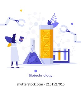 Científico o biólogo que observa la molécula de ADN en el tubo de ensayo. Concepto de biotecnología, experimento de ingeniería genética, edición del genoma, biología molecular. Ilustración vectorial plana moderna para afiches.