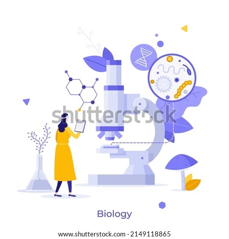 Scientist or biologist looking at microscope surrounded by molecular structures and bacteria. Concept of biology, microscopy research, biochemistry laboratory. Modern vector illustration for poster.