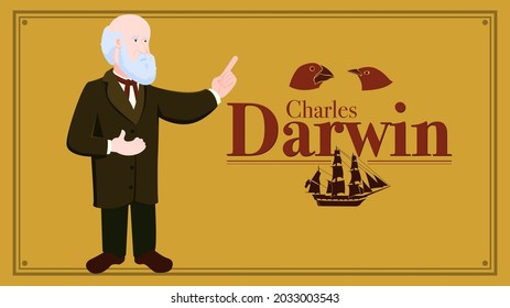 Scientist, biologist, naturalist, geologist Charles Darwin as cartoon character. Science, evolution, biology, geology, naturalism.