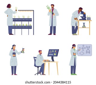Scientist biologists work with plant shoots growing in test tubes scientific laboratory. Science lab for scientific researches and biotechnology experiments. Vector illustration.