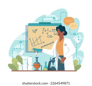 Scientist. Black female scientist studying innovative areas. Biology, chemistry, medicine systematic study. Futuristic technology and science. STEM concept. Flat vector illustration