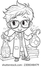 Scientist, Black and white coloring pages for kids, simple lines, cartoon style, happy, cute, funny, The drawings in the children's coloring book are depicted in a series of different professions
