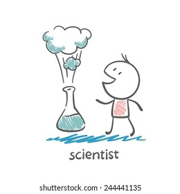scientist blows liquid in the flask illustration