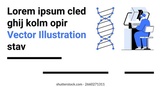 Scientist in blue attire analyzing data on computer. DNA helix at center, text on left. Ideal for science, research, technology, medicine, laboratory, genetics, educational content. Landing page