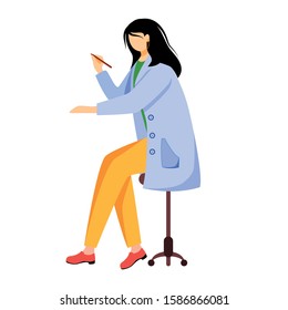 Scientist in blue lab coat flat vector illustration. Creating schemes, models. Designing, drawing and writting. Woman holding pen, pencil isolated cartoon character on white background