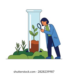 Scientist in a blue lab coat using a magnifying glass to inspect a small plant growing inside a large glass test tube on green ground