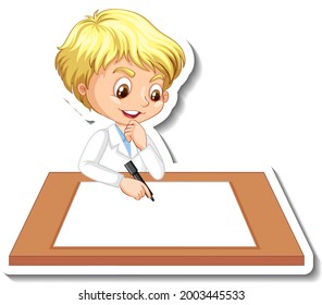 Personaje de dibujos animados de un niño científico con ilustración de mesa en blanco