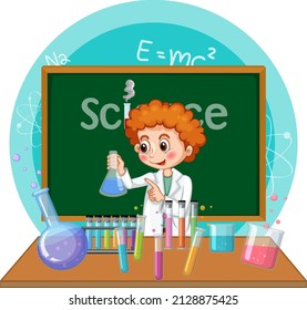 Scientist boy cartoon character with laboratory equipments illustration