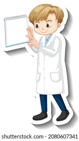 Scientist boy holding empty board cartoon character sticker illustration