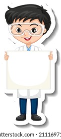 Scientist boy holding empty board in sticker style illustration
