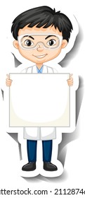 Scientist boy holding empty board in sticker style illustration