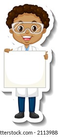 Scientist boy holding empty board in sticker style illustration