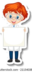 Scientist boy holding empty board in sticker style illustration