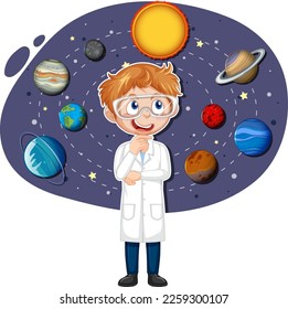 Scientist boy on solar system background illustration