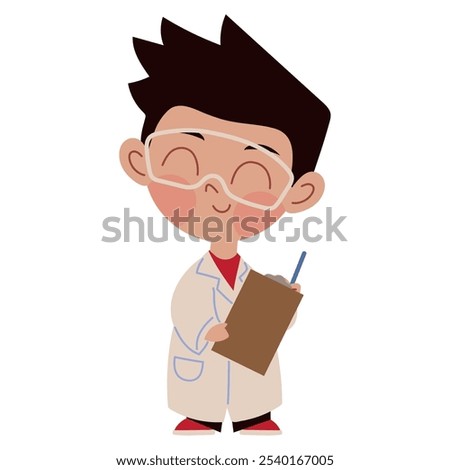 scientist boy writing on clipboard isolated