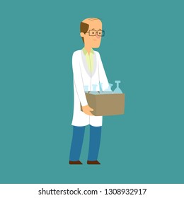 the scientist carries a box with flasks to the laboratory for experiments. Vector illustration isolated on white background.