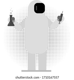 Scientist cartoon character wearing a full body covering to prevent harmful substances.