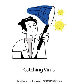 Scientist catching virus with net, sketchy illustration 