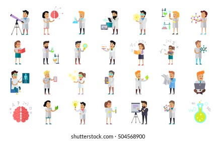 Scientist character collection. Scientists at work. Male and female scientist illustration. Chemistry, medicine, physics biology scientist infographic in flat style. Science and technology development