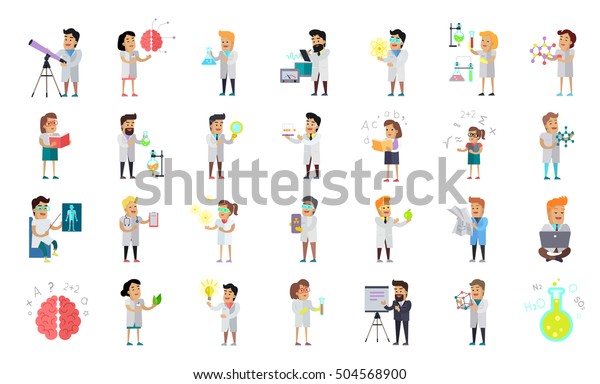 科学者のキャラクタコレクション 仕事中の科学者 男性と女性の科学者のイラスト 化学 医学 物理生物学科学者のインフォグラフィックをフラットなスタイルで表現 科学技術開発 のベクター画像素材 ロイヤリティフリー