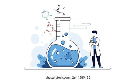 Caractere cientista conduzindo um experimento em pesquisa científica laboratorial design de vetor químico